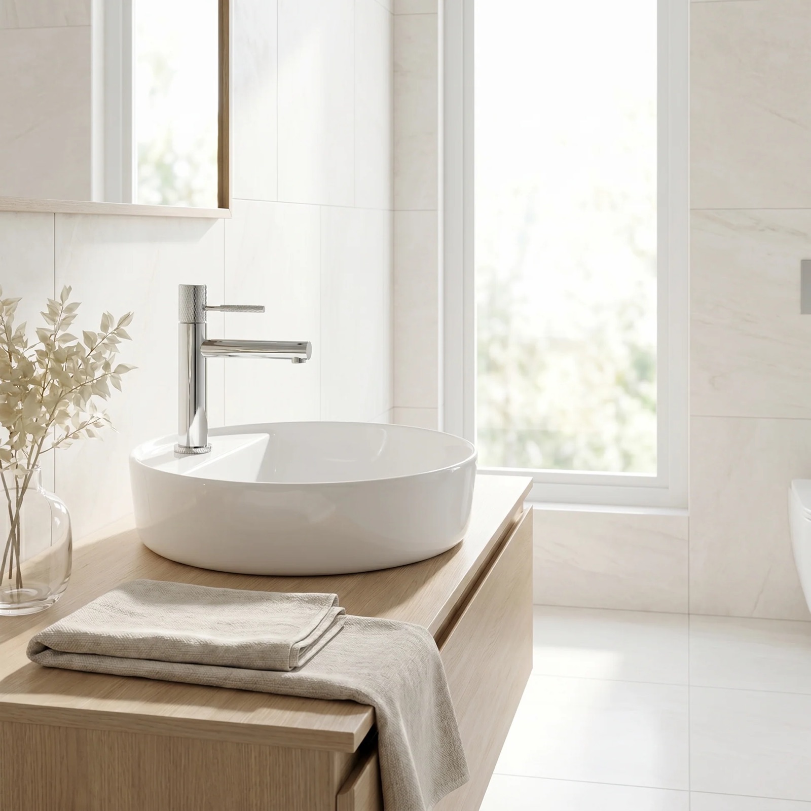Bright bathroom with chrome basin faucet